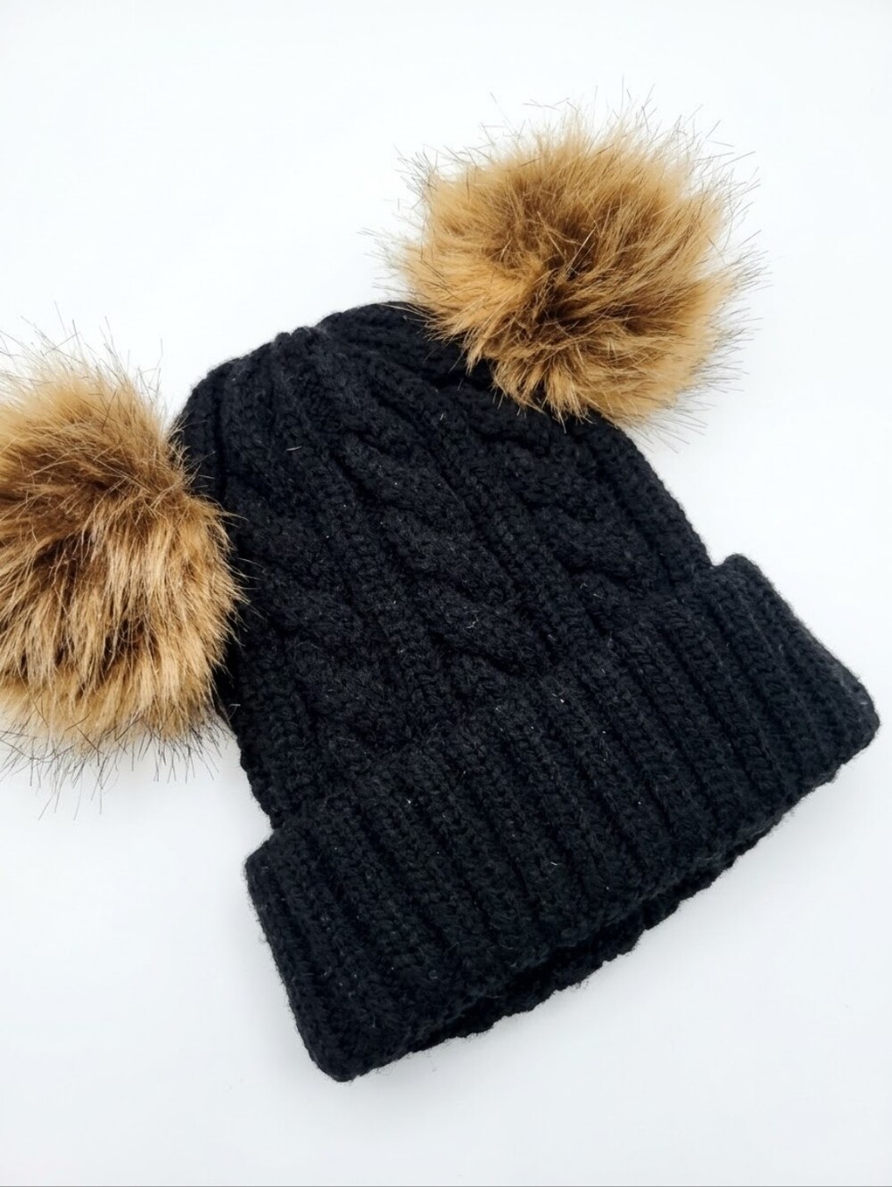 Black Adult Knit Beanie with Brown Faux Fur Double Poms